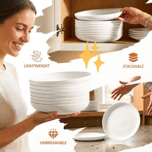 Homienly Wheat Straw Plates Set of 8 Unbreakable Microwave and Dishwasher Safe Plates for Dessert Lightweight Dinner Plates for Kitchen, Camping, Picnic, RV, Stackable Salad Plates (9 inch, White)