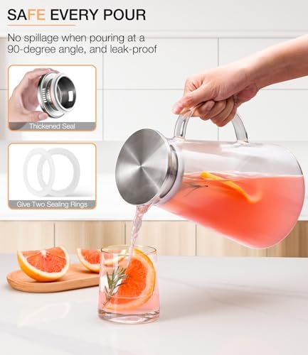 LUNA&MANTHA Glass Pitcher, 68oz Water Pitcher with lid and Handle,Ice Tea
