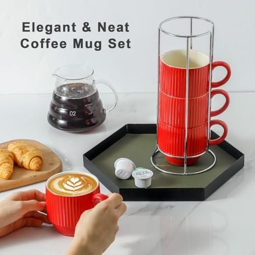 Hasense 12 Oz Coffee Mugs Set of 4 with Rack, Red Stackable Coffee Cups Ceramic, Modern Ribbed Latte Cup Sets for Cappuccino, Tea, Espresso, Hot Cocoa, Drinks - Dishwasher & Microwave Safe