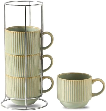 HASENSE Ceramic Coffee Mugs Set of 4 with Rack - 15 oz Stackable Large Porcelain Ribbed Latte Cup Set for Cappuccino, Tea, Hot Cocoa, Drinks - Dishwasher & Microwave Safe, Sage Green