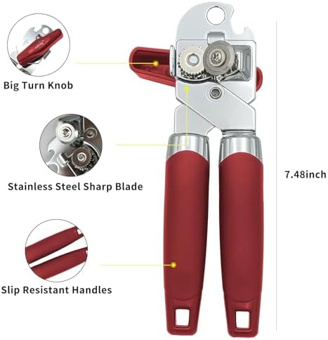 Safring Can Opener Manual, Handheld Strong Heavy Duty Stainless Steel Can Opener, Comfortable Handle, Sharp Blade Smooth Edge, Can Openers with Multifunctional Bottle Opener, Red