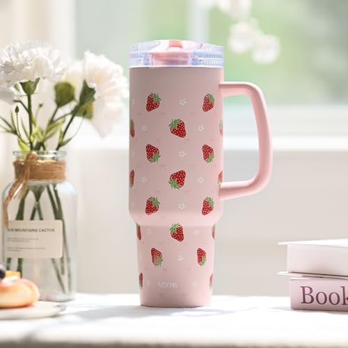 YOME DetaClean 40oz Strawberry Pink Tumbler with Handle and Flip Straw for Women | 100% Disassemblable Lid | Stainless Steel Insulated Water Bottle | 100% Leak Proof | Keeps Drinks Cold