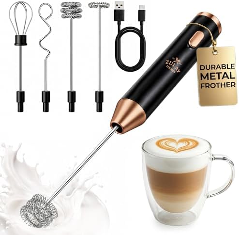 Zulay Kitchen Rechargeable Milk Frother Handheld - Frother Wand, Drink Mixer, Electric Whisk Frother, for Cappuccinos, Matcha & Protein Powder - Ultra Metal 4 Whisk, 1800mAh Black Copper