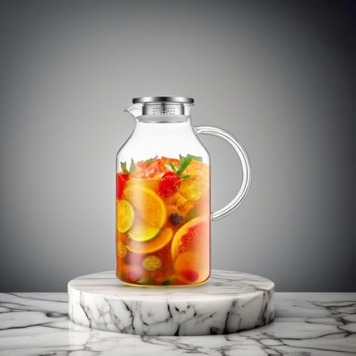 Bivvclaz 3 Liter 101 oz Glass Pitcher with Lid and Handle, Water Pitcher for Fridge, Glass Carafe for Hot/Cold Water, Large Iced Tea Jug for Coffee, Juice and Homemade Beverage