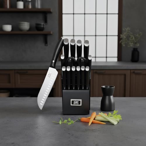 WANGMAZI 15‑Pcs Knife Block Set, Stainless Steel, Black