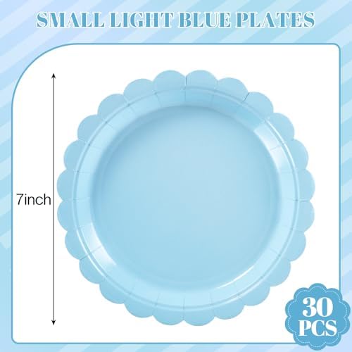 NatNarr 30 Pk Blue Dessert Cake Plates 7" Scalloped Light Blue Paper Plates