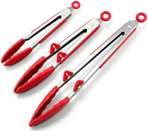 Kitchen Tongs for Cooking with Silicone Tips, 3 Size Serving Tongs, Red