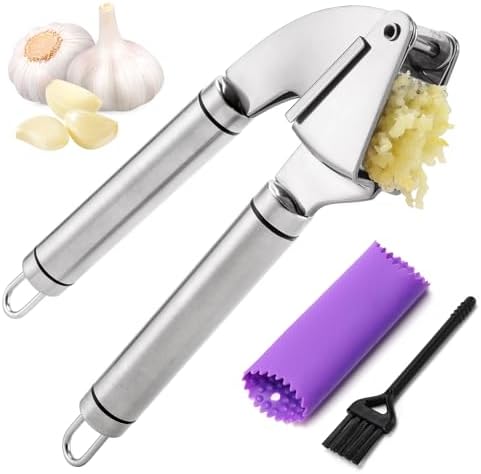 BURLIHOME Stainless Steel Garlic Press Mincer,Heavy-Duty,Purple Peeler Tube