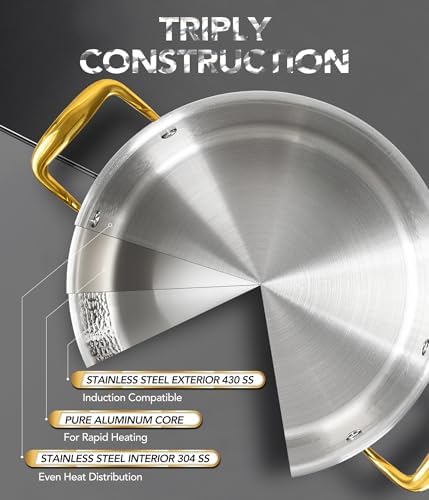 Michelangelo Triply Stainless Steel Stock Pot with Lid, Luxury Hammered Stainless Steel 6 Quart Pot with Lid & Golden Handle, Premium Induction Stockpot - 6QT