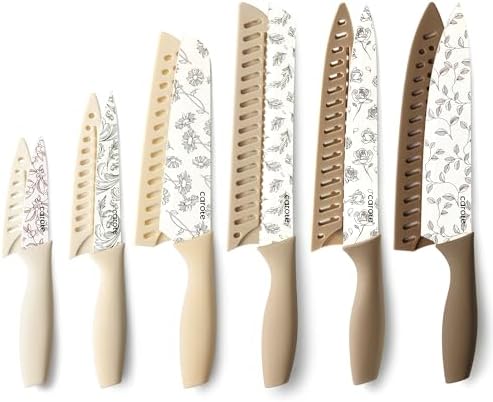 CAROTE Kitchen Knife Set, 6 Floral Knives with 6 Blade Guards, 12-Piece