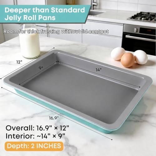 2 Pack 15x10 Sheet Cake Pan with Lid, Blue Gray Interior