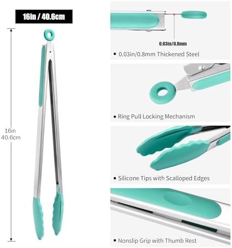 Doosu Kitchen Tongs with Silicone Tips for Cooking Serving (16in, Aqua Sky)