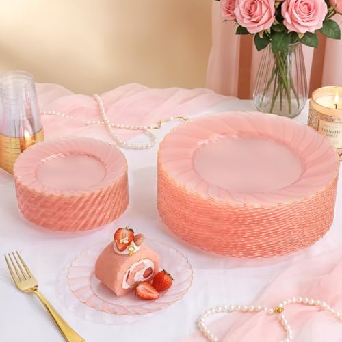 YOUBET 125Pieces Clear Pink Plastic Plates with Gold Rim - Gold Plastic Silverware Include 25 Dinner Plates 25 Dessert Plates 75 Golden Silverwares for Wedding Birthday & Parties Easter Mothers Day