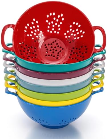 Noamus 8 Pack Mini Colander for Kitchen, 6 Inch Plastic Berry Bowl with Double Handles, Small Compact Food Strainers, Perforated Round Fruits Basket for Vegetables Pasta, BPA-Free, Food-Safe(8 Colors)