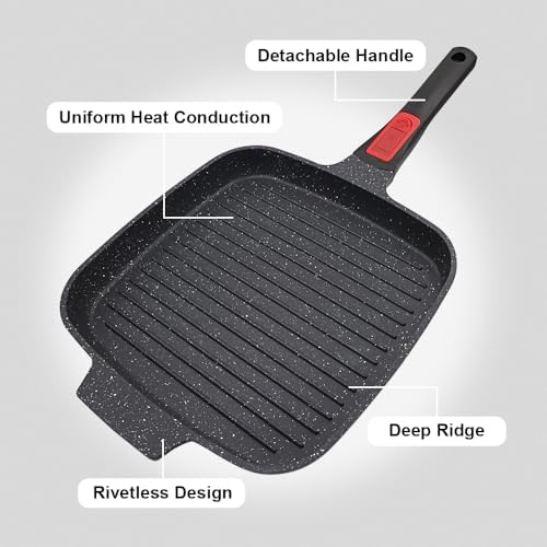 RANX INGST Griddle Pan with Detachable Handle, 10 Inch Cast Aluminium Non Stick Steak Pan for Induction Hob, Black