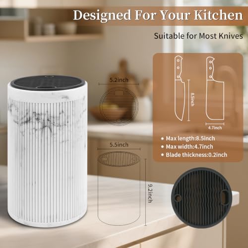 Universal Knife Block Without Knives,Sandstone Look,Round Knife Holder with Slots for Scissors & Sharpening Rod,Safe Space Saver Knives Storage Stand,Detachable Knife Organizer- Marble White