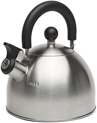 Primula Stewart Whistling Tea Kettle for Stovetop, Stainless Steel Stove Top Kettle with Fast Boil Whistling Spout and Cool Touch Folding Handle, 1.5-Quart, Brushed Silver with Black Handle