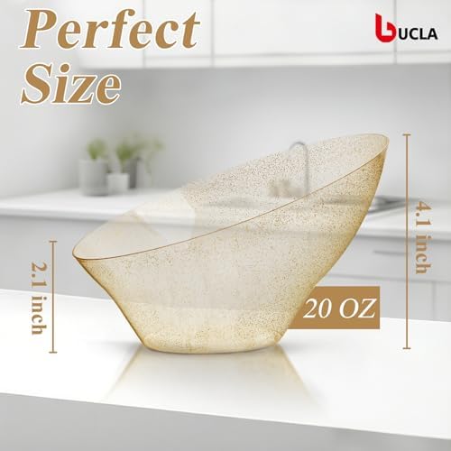 bUCLA 12 Pack Gold Glitter Plastic Serving Bowls - 20 OZ Disposable Snack, Fruit, Chip, Candy Angled Serving Bowls for Party & Thanksgiving