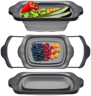 Comfify Gray Collapsible Silicone Over-Sink Colander – 6 Qt – Extendable