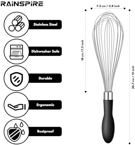 Whisk for Cooking Reinforced Anti-Break Handle Stainless Steel 12in Black