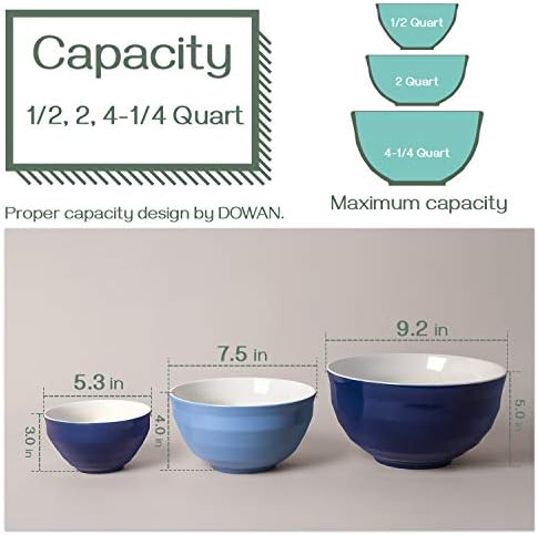 DOWAN Mixing bowls, 4.25/2/0.5 Qt Ceramic Mixing Bowls for Kitchen, Large Salad Serving Bowls, Nesting Mixing Bowls Set, Microwave Safe, Blue