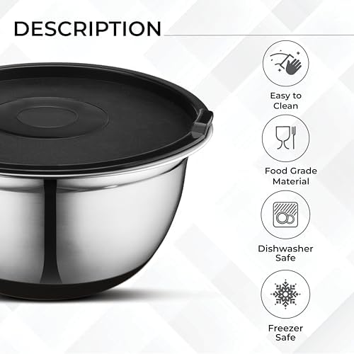 AVADOR Premium Brushed Stainless Steel Mixing Bowls Sets, Easy To Clean, Space Saving, Great for Cooking, Baking, Prepping Needs 0.25qt, 1qt, 1.5qt, 3qt, 5qt (9 pc Anti Slip with Lid and Graters)