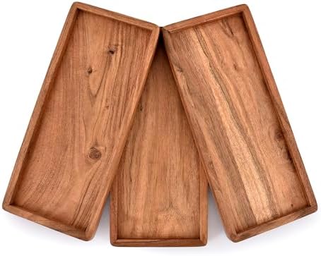 NIRMAN Acacia Wood Rectangular Wooden Platters for Home Decor, Food, Vegetables, Fruit, Charcuterie, Appetizer Serving Tray (13" x 5.5" x 0.75") (Set of 3)