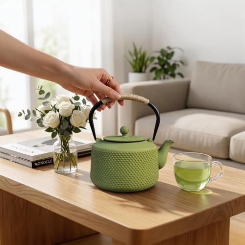 Tea Kettle, 54oz Large Green Cast Iron Teapot for Stovetop, Tea Pot