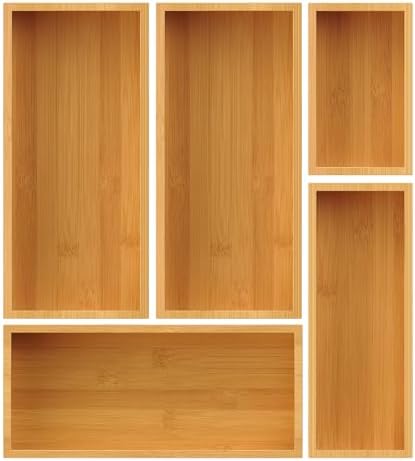 Bamboo Drawer Organizer Set, 5-Piece Storage Trays for Kitchen, Bathroom, Office Desk, Makeup & Junk Drawers,Utensils