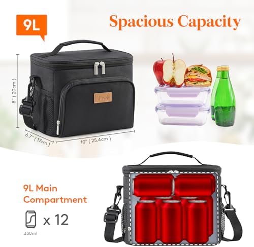 Lifewit Reusable Insulated Lunch Bag, Portable Cooler Freezable Soft Lunchbox Leakproof with Adjustable Shoulder Strap for Men Women Adult for Work Picnic or Travel, 9L 12 Can, Black