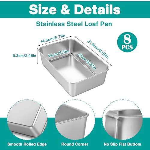 8 Pack Loaf Pan 8.5x5.7 Inch Stainless Steel Bread Loaf Pans for Baking, Silver Bread Tins for Baking Breads, Sourdough, Brownies and Pound Cakes, Dishwasher Safe
