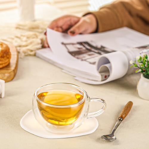 Double Wall Insulated Glass Tea Cups Set of 4, Clear Borosilicate Glass Espresso Shot Cups for Espresso Machine, Teacups Coffee Mugs with Handle for Cappuccino Latte, 7OZ/200ML