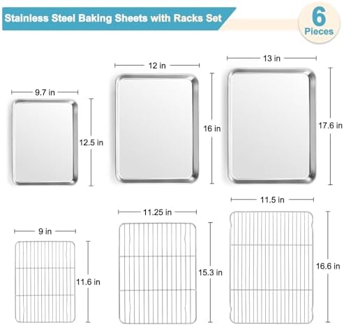 TeamFar Baking Sheet with Rack Set, 3 Pans + 3 Racks, 17.6/12.5/10.5 Inch
