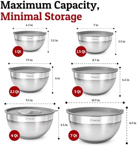 Priority Chef 6Pc Stainless Steel Mixing Bowls with Lids Set, Huge 7 Qrt Size Metal Bowl Set for Kitchen, 3 Graters, Non-Slip Bases & Silicone Utensils Set, Grey