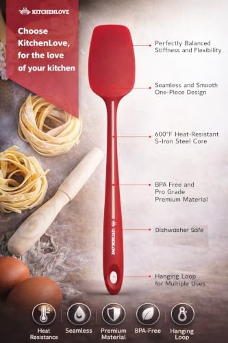 KITCHENLOVE Premium 600°F Heat Resistant 5 Piece Silicone Spatula Set for Baking, Cooking, Mixing - Non-Stick with High Grade S-Iron Steel Core - One Piece Seamless Design - BPA Free (Red)
