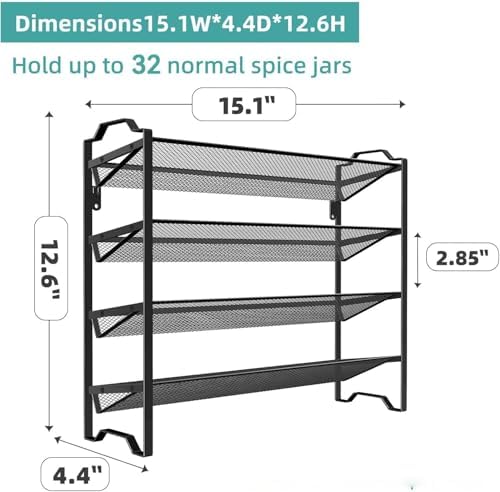 Simple Trending 4-Tier Spice Rack Organizer, Spice Rack with 32 Empty Spice Jars, 64 Spice Labels, Chalk Marker and Funnel Set for Cabinet, Wall Mount, Countertop, Kitchen, Pantry, Black