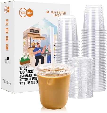 Turbo Bee Disposable Plastic Cups with Lids and Straws, 12 OZ, 100 Pack