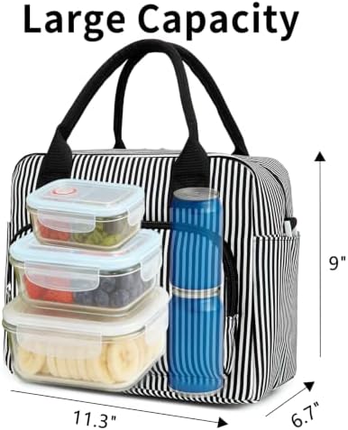 GASSDA Lunch Box for Women Insulated Lunch Bag Women Adult Cute Lunch Bags Reusable Lunchbox Cooler Tote Bag for Work Picnic (Black and white stripes)
