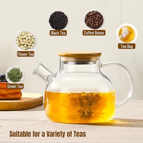 PARACITY Glass Teapot Stovetop 20 OZ/600ml, Borosilicate Clear Tea Kettle with Bamboo Lid, Glass Tea pot with Removable Filter Spout, Teapot Blooming and Loose Leaf Tea Maker Tea Brewer for Camping