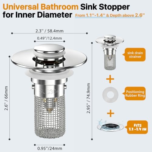 Bathroom Sink Drain Strainer Hair Catcher, Pop Up Universal Sink Drain Stopper with Removable Drain Filter Basket,Stainless Steel Drain Filter Cover Replacement, Sink Plug, Sink Trap,Drain Screen