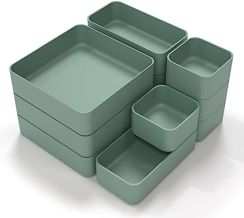 CHANCETSUI 11-Piece Stackable Drawer Organizer Set, Multi-size Desk Drawer Organizer Trays Vanity Storage Bins for Storing Makeup, Stationery, Utensils in Bathroom Dresser, Office and Kitchen