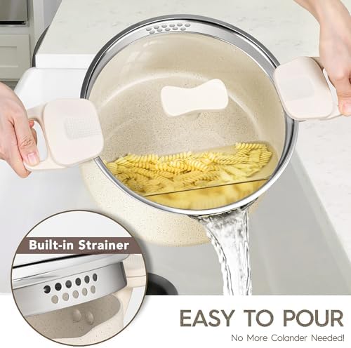 MICHELANGELO 6 Quart Granite Nonstick Cooking Pot with Strainer Lid, White