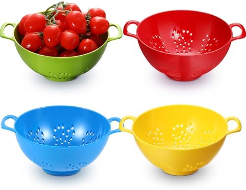Baderke 4 Pack Mini Colander for Kitchen Plastic Berry Strainer with Double Handles 7.5 x 6 x 3 Inch Small Colander Strainer for Fruits Vegetables Food (Green,Red,Blue,Lemon Yellow)