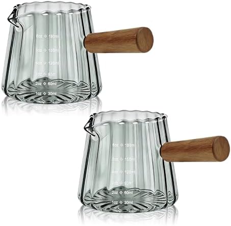 2 PCS Espresso Measuring Cup 6 Oz, Espresso Glass Cups with Wood Handle, Milk Frothing Cup, Espresso Cup for Coffee, Milk, Tea or Maple Syrup Serving (Grey)