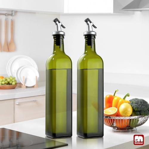 gmisun Olive Oil Dispenser Bottle for Kitchen, 1 Pack 17 Fl Oz Green Glass Oil Dispensers Bottles, Cooking Vegetable Oil Dispenser Container Cruet Set with Plastic Pourer Spout