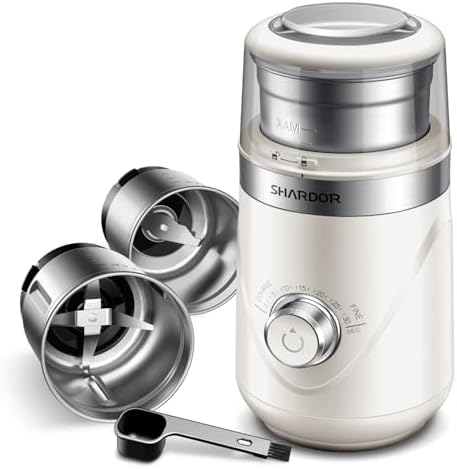 SHARDOR Electric Super Silent Blade Coffee Grinder, Timed Grind Control Rotary Knob, Adjustable Coarse to Fine for Coffee Beans, Spices & Herbs, with 2 Removable Stainless Steel Bowl, Cream