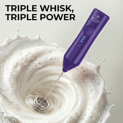 Zulay Kitchen Rechargeable Milk Frother Handheld - Frother Wand, Drink Mixer, Electric Whisk Frother, for Cappuccinos, Matcha & Protein Powder - Dynamic Triple Whisk, 3 Speed 500mAh Purple