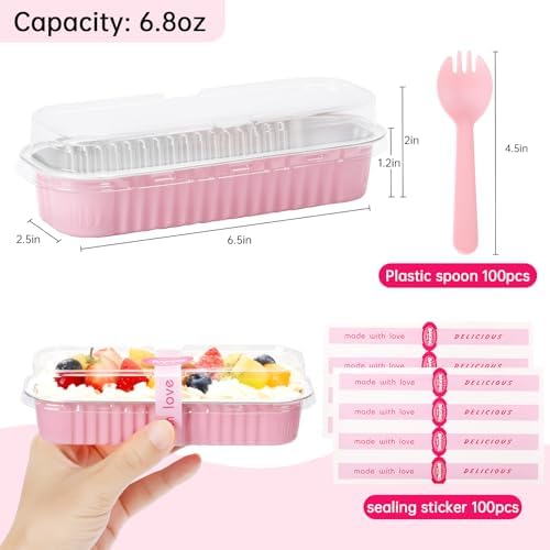 100 Pack 6.8 oz Rectangular Mini Loaf Pans with Lids and Spoons,Disposable Aluminum Foil Mini Cake Pans and Baking Tins with Sealing Stickers, Individual Pink Dessert Containers for Parties
