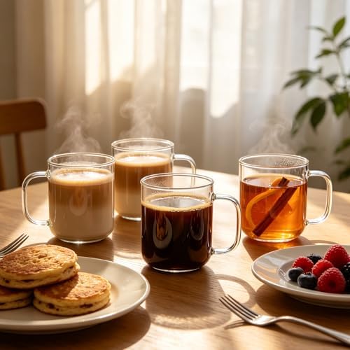 Glass Coffee Mugs, 14 oz Ice Coffee Cups Set of 4, Large Clear Tea Cups, Glass Mugs with Handles for Hot Beverages, Glass Cups for Latte, Cappuccino, and Tea