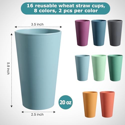 HEYCOME Set of 16 Wheat Straw Cups, 16 Pcs 20 oz Unbreakable Drinking Cups, Reusable Plastic Cups Sets, Water Glasses Tumblers, Microwave & Dishwasher Safe, Bpa Free, 8 Colors